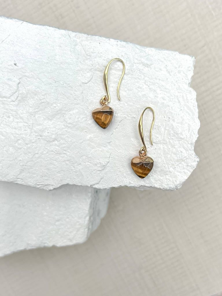 Tiger's Eye Small Heart Gold Plated Gemstone Earrings