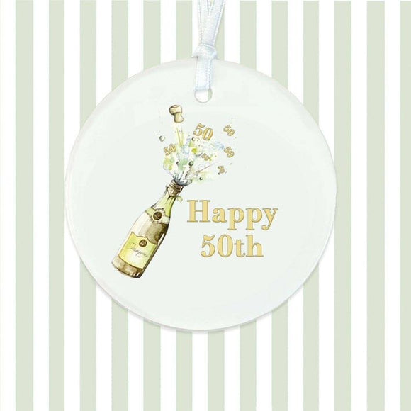 50th Birthday Hanging Ceramic Popping Champagne Decoration - Birthday Keepsake