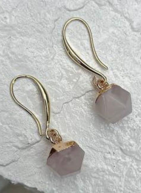 Rose Quartz Nuggets Gold Plated Gemstone Crystal Earrings