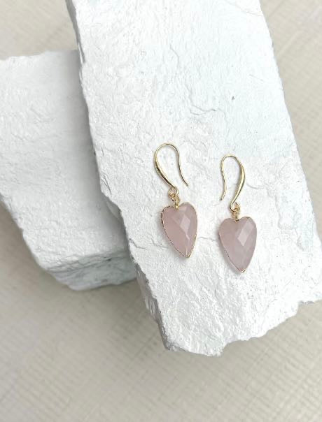 Rose Quartz Heart Gold Plated Gemstone Crystal Earrings