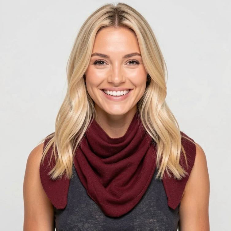 Red mahogany knit bandana scarf with cream stripe border worn around the neck