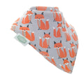 Ziggle grey bandana dribble bib with an all-over orange sitting fox repeat print, made from soft jersey cotton with overlocked edges, suitable for babies and toddlers