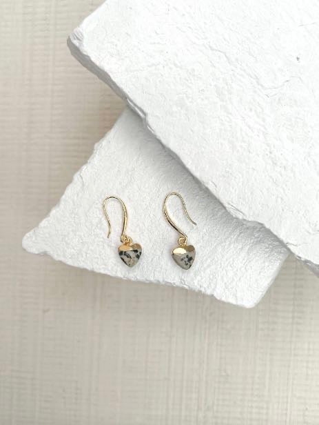 Dalmatian Jasper Small Heart Gold Plated Gemstone Earrings