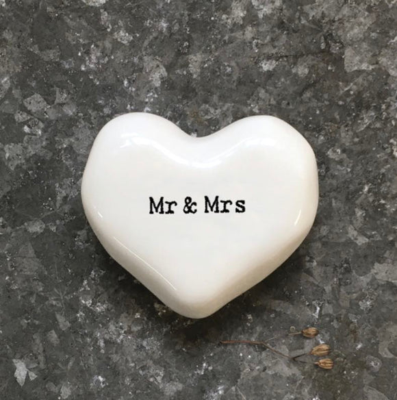 Mr & Mrs heart shaped porcelain pebble - East of India