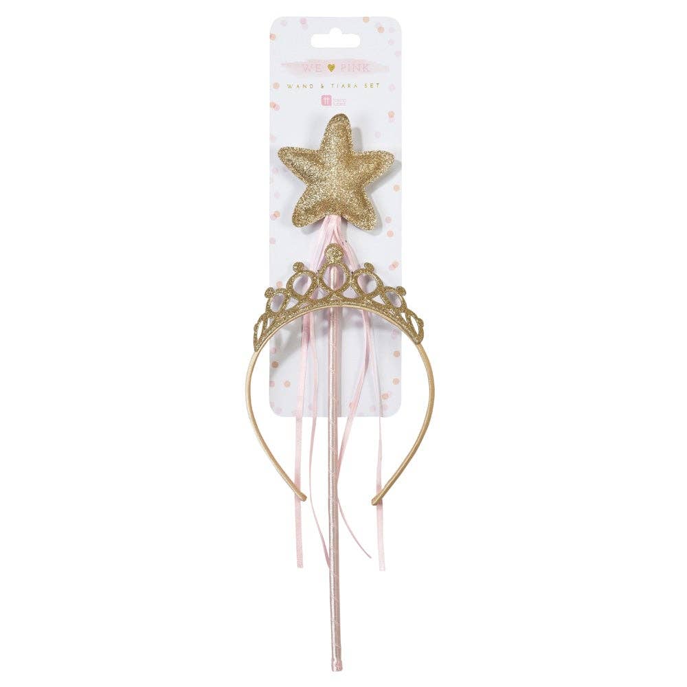 Glitter princess wand and tiara set with ribbons – kids dress up accessories