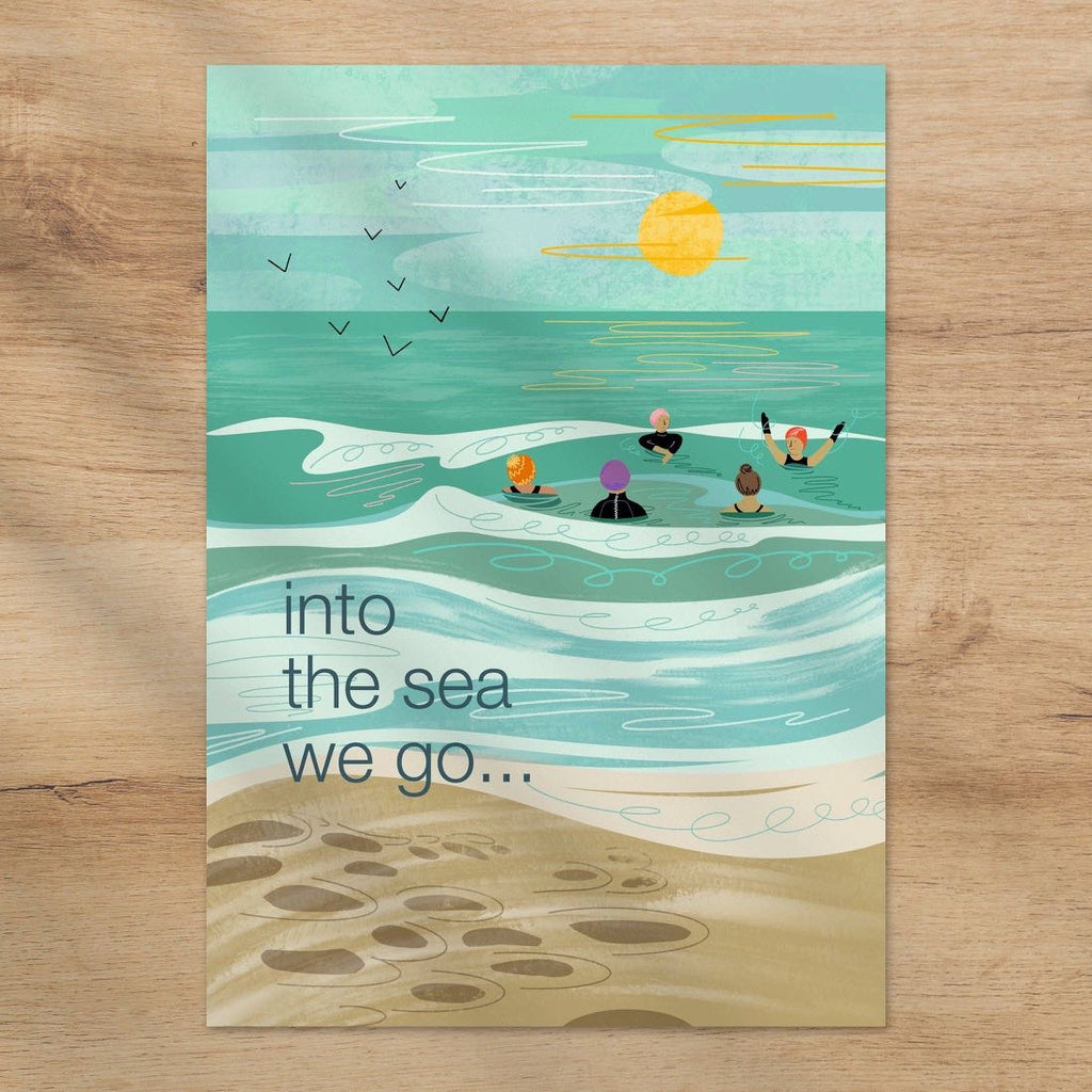 Wild Swimming Art Print A4 - Into the Sea We Go Coastal Gift