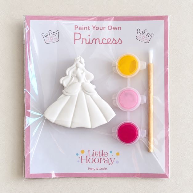 Paint Your Own Princess craft kit with plaster princess, three paint pots and brush in a cellophane pack