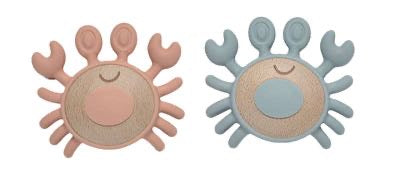  Blue crab teether with wooden centre and silicone claws in a window gift box