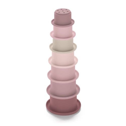 Tower of pink and mauve stacking cups with a sprinkle top cup
