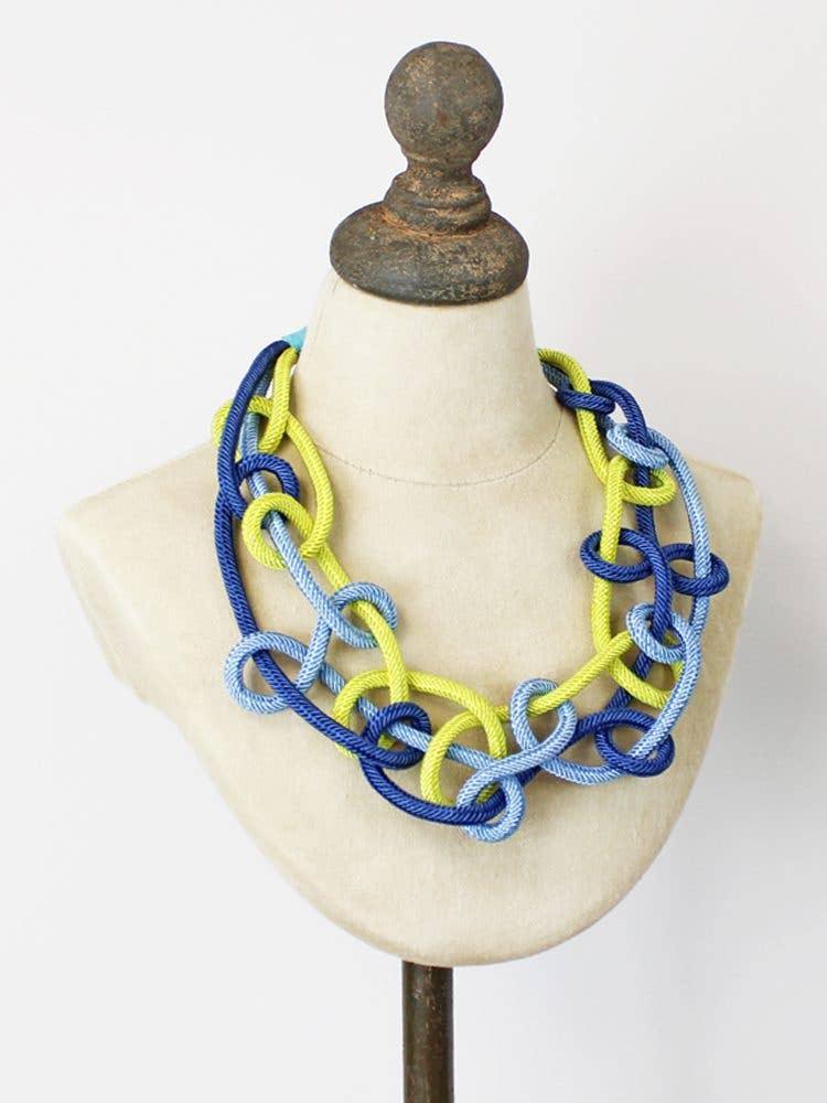 Chunky Cord Link Necklace in Blue and Lime, Statement Jewellery
