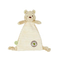 Baby holding Winnie the Pooh comforter soft toy with Hundred Acre Wood badge