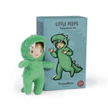 ThreadBear Design Little Peeps Danny Dinosaur soft toy doll dressed in a green dinosaur onesie with hood and spikes, presented in a gift box, suitable from birth.