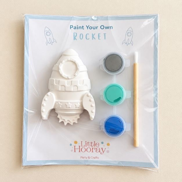  Paint Your Own Rocket craft kit with plaster rocket, three paint pots and brush in a cellophane pack