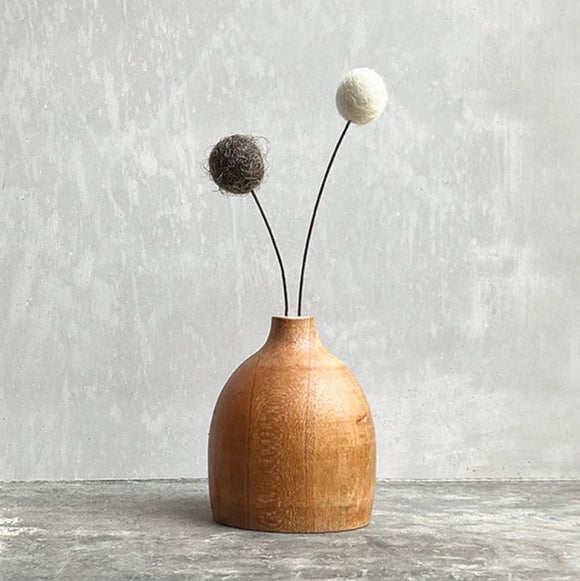 Round Wood Pompom Small Vase Natural & Cream Flowers- East of India