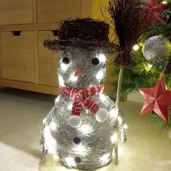 Grey Brushwood LED Snowman Decoration With Scarf