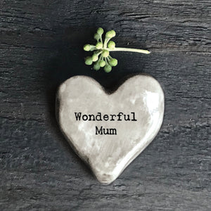 ‘Wonderful Mum' rustic heart porcelain pebble - East of India