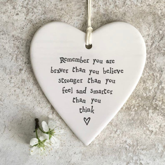 'Remember You Are Braver’ Porcelain Hanging Heart - East Of India