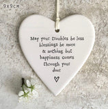 'May Your Troubles’ Porcelain Hanging Heart - East Of India