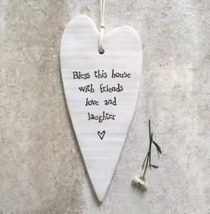 'Bless This House’ Porcelain Long Hanging Heart - East Of India