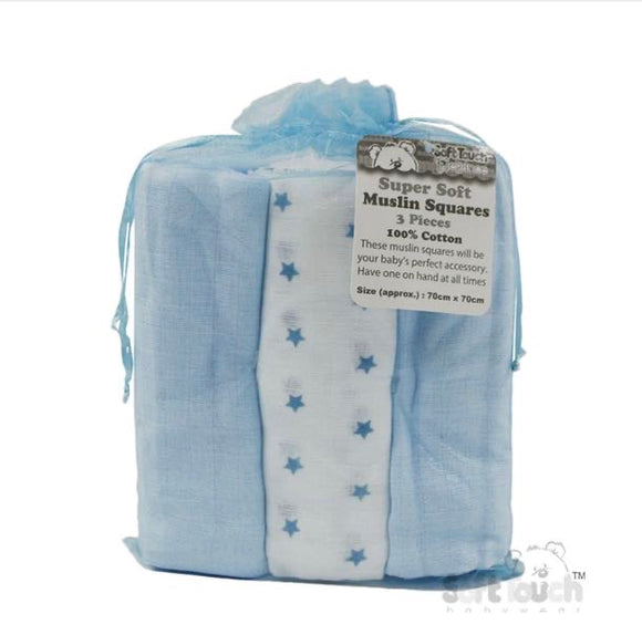 Baby Boy 3 Pack Muslin Squares