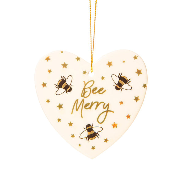 Bee Merry Ceramic Heart Christmas Decoration - Sass & Belle