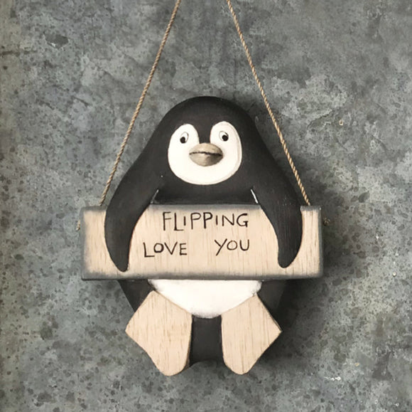Wooden hanging Penguin flipping love you from east of india 