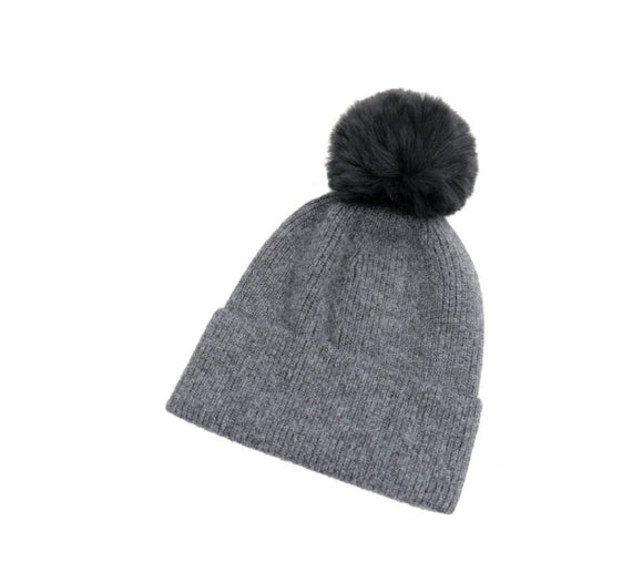 Women's Pom Beanie Hat - Grey