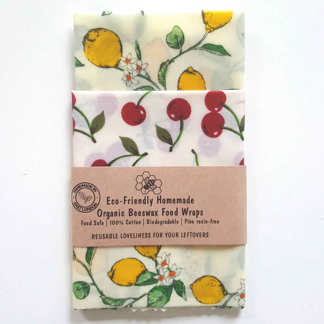 Organic Beeswax Wraps - Lemons & Cherries - Set Of 3 Large