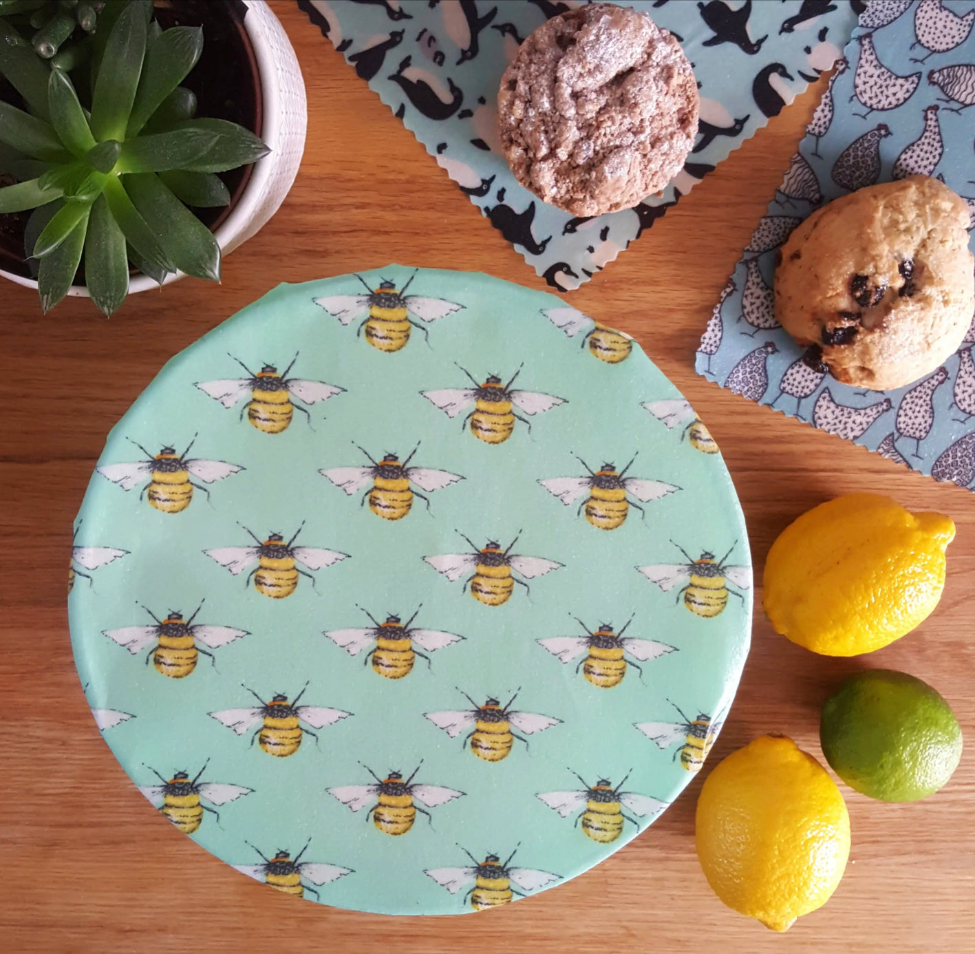 Organic Beeswax Wraps - Penguins, Hens & Bees - Set Of 3 (L,M,S)