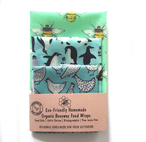 Organic Beeswax Wraps - Penguins, Hens & Bees - Set Of 3 (L,M,S)