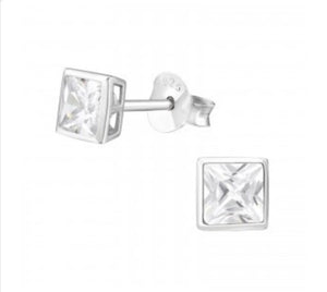 Cubic Zirconia Square Ear Studs sterling Silver