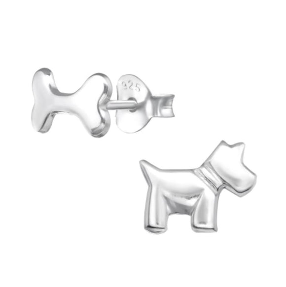 Dog & Bone Sterling Silver Stud Earrings