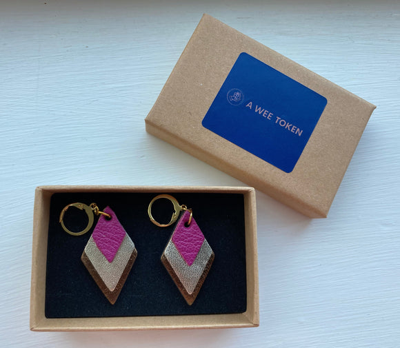 Triple diamond cerise pink handmade leather earrings 