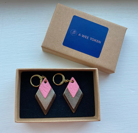 Triple diamond pink drop earrings handmade by Inish design